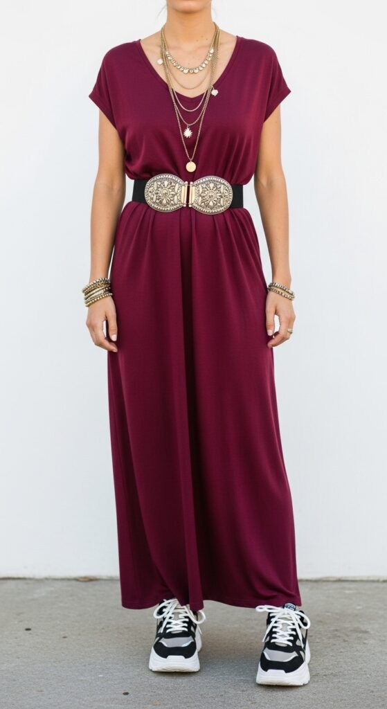 20 Bold Chunky Sneaker Outfits for a Standout Look 9 Maxi Dress and Statement Belt