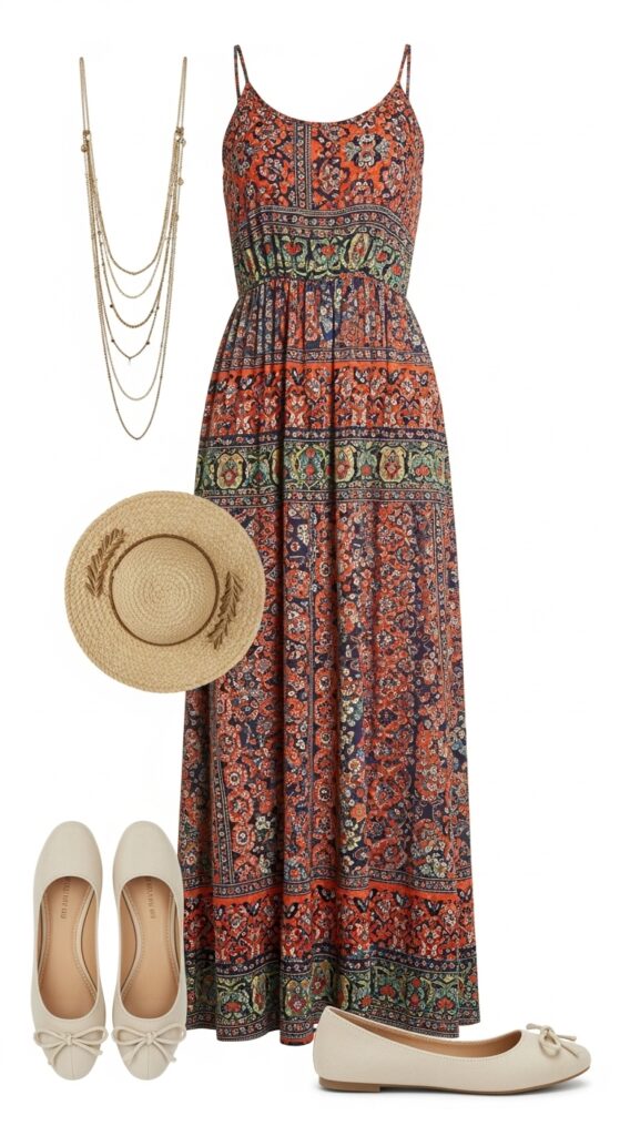 20 Stylish Flat Shoe Outfits to Inspire Your Wardrobe 8 Maxi Dress with a Boho Vibe