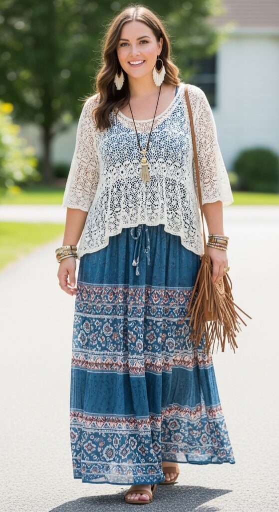 12 Boho-Chic Plus-Size Spring Outfits for a Relaxed, Bohemian Vibe 7 Maxi Skirt and Crochet Top Layered and Lovely