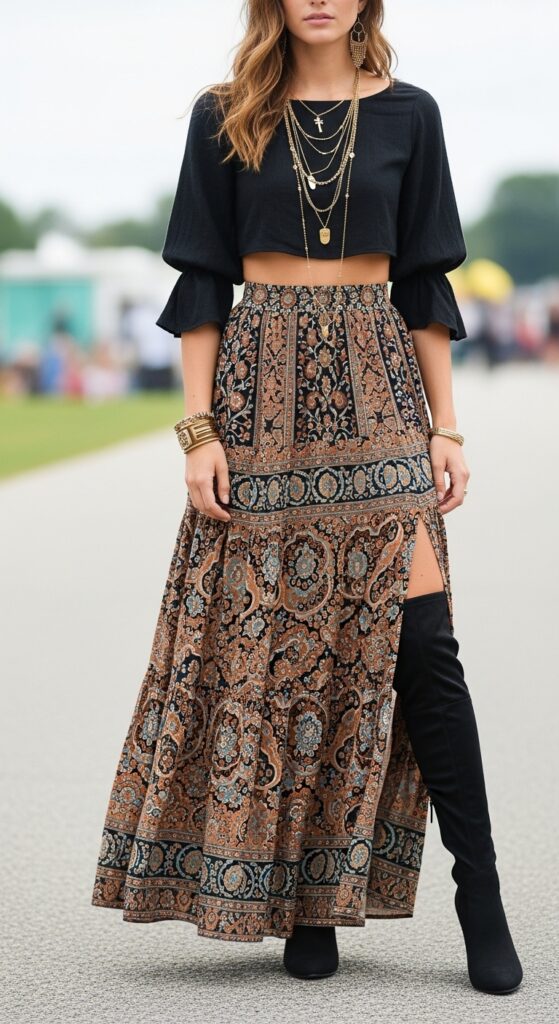 16 Trendy Knee-High Boot Outfits to Shine in Any Setting 13 Maxi Skirt and Crop Top
