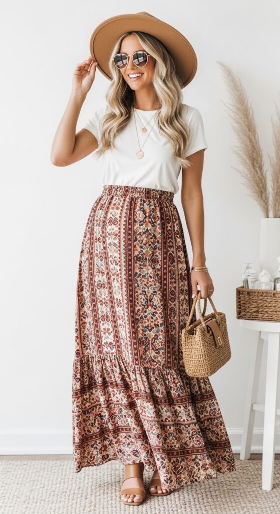 10 Stylish Baby Shower Outfit Ideas for Moms-to-Be and Guests 7 Maxi Skirt and Fitted Top for a Relaxed Look