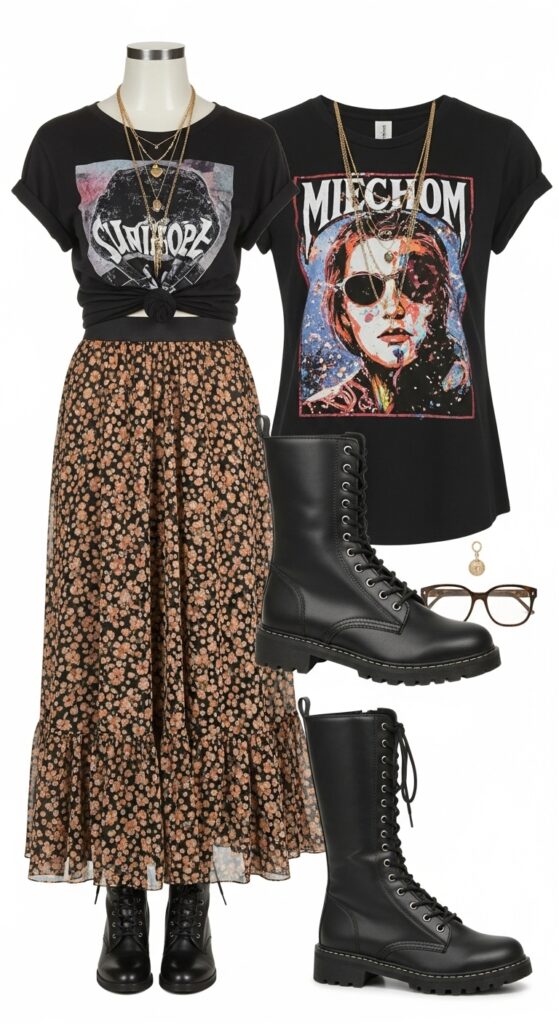 18 Bold Combat Boot Outfits to Slay Your Style This Season 7 Maxi Skirt and Graphic Tee