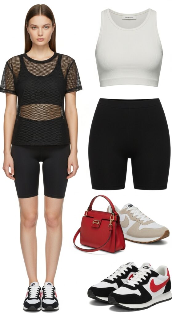 20 Stylish Biker Shorts Outfits That'll Make You Feel Effortlessly Chic 15 Mesh Top and Sneakers