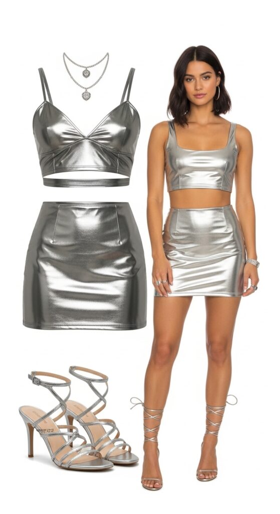 Metallic Crop Top and Mini Skirt