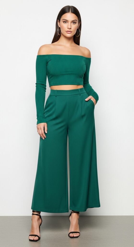 Mexico Outfit Guide: 33 Stylish Vacation Looks for U.S. Women in 2025 21 Mexico City Glam Green Crop Top & Wide-Leg Pants