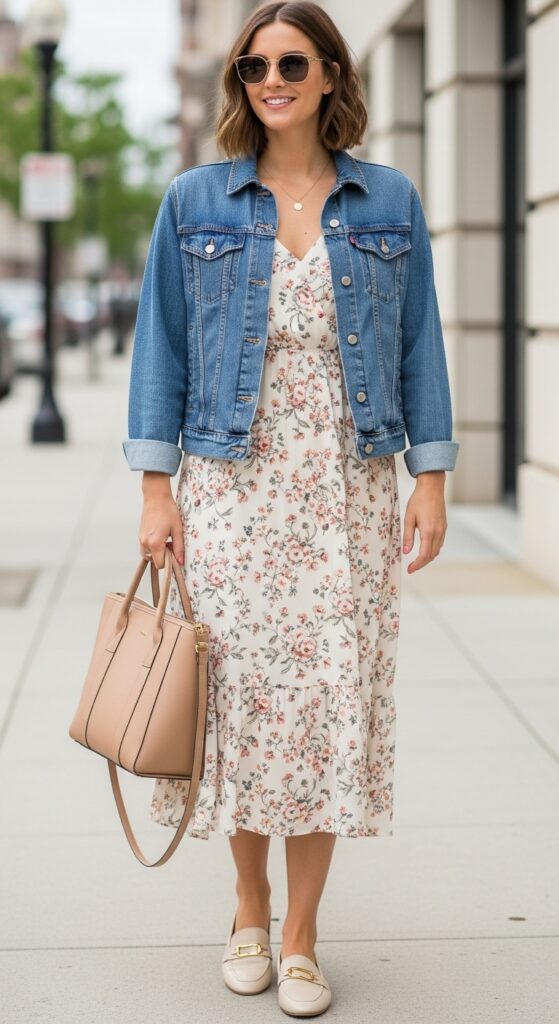 23 Stylish Loafer Outfits for Effortless Elegance 4 Midi Dress and Denim Jacket