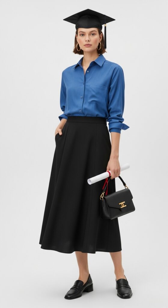 14 Graduation Outfit Ideas to Make Your Day Extra Special 16 Midi Skirt and Button-Down Shirt