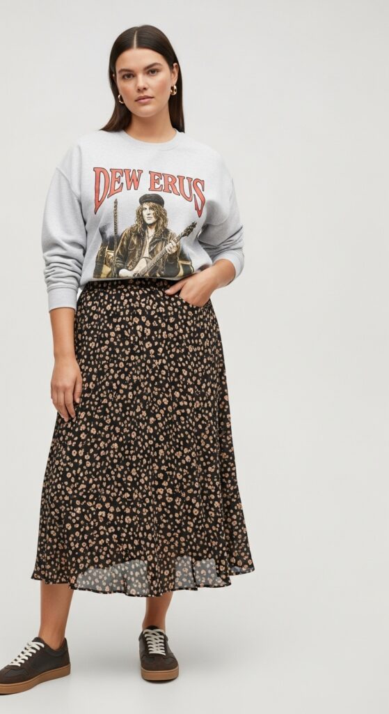Midi Skirt and Graphic Sweatshirt