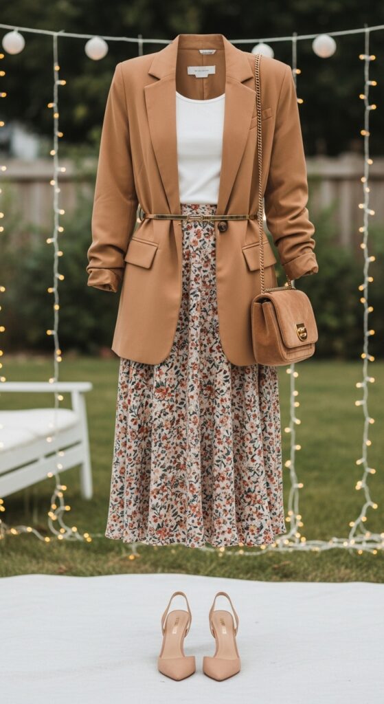 10 Chic Camel Blazer Outfits to Transform Your Wardrobe with Chic Season Style 7 Midi Skirt and Slingbacks for Date Night