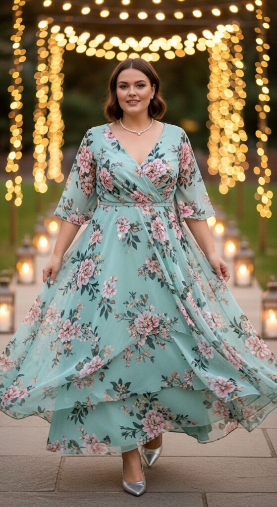 12 Plus Size Floral Chiffon Spring Wedding Guest Dresses 5 Mint Floral Chiffon Gown for Evening Weddings