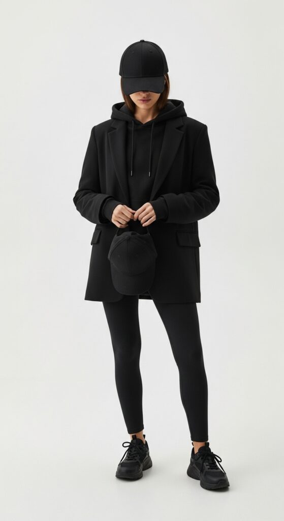 Monochrome All-Black Outfit with Coordinated Cap