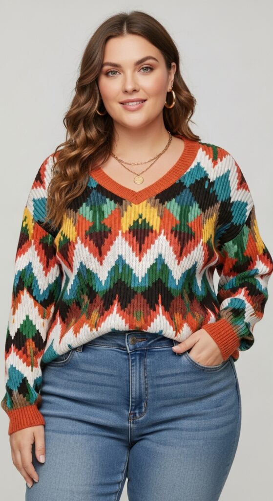 24 Plus Size Casual Winter Fashion Outfits That Celebrate Your Curves 5 Multicolor Geometric Rib Knit Sweater