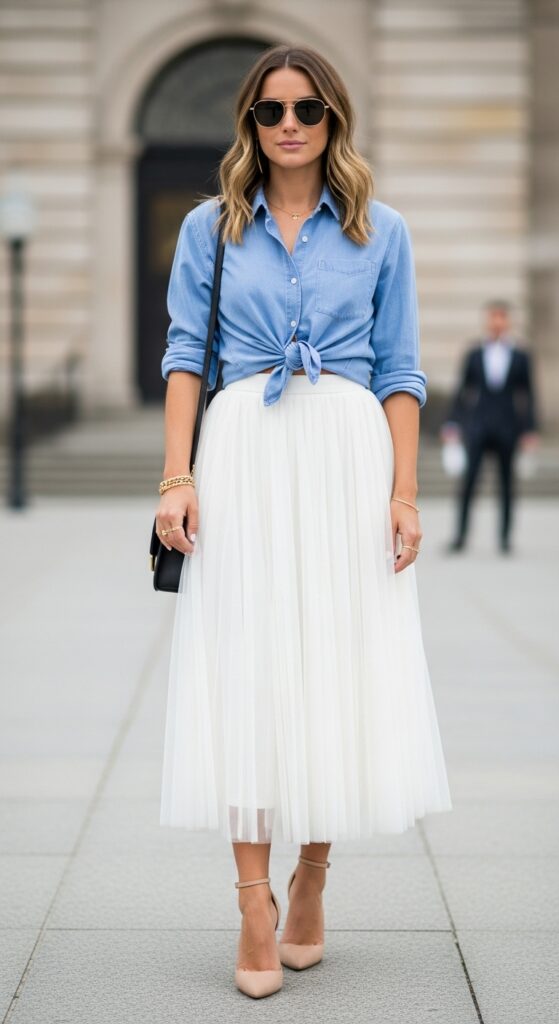 21 Stunning Tulle Skirt Outfit Ideas for U.S. Women in 2025 13 Museum Day Blue Button-Up & White Tulle Midi