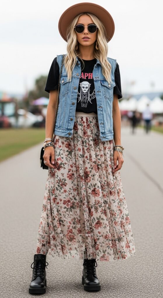 21 Stunning Tulle Skirt Outfit Ideas for U.S. Women in 2025 17 Music Festival Edge Graphic Tee & Floral Tulle Maxi
