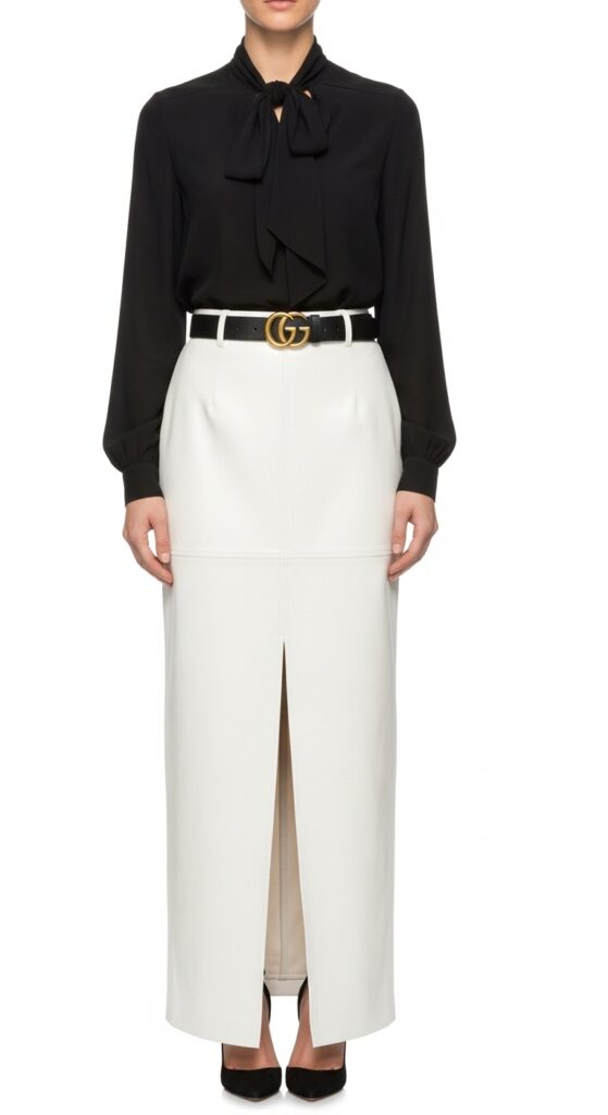 22 Leather Skirt Outfits for an Edgy, Cool Vibe 21 NYE Sparkle Black Blouse & White Leather Maxi