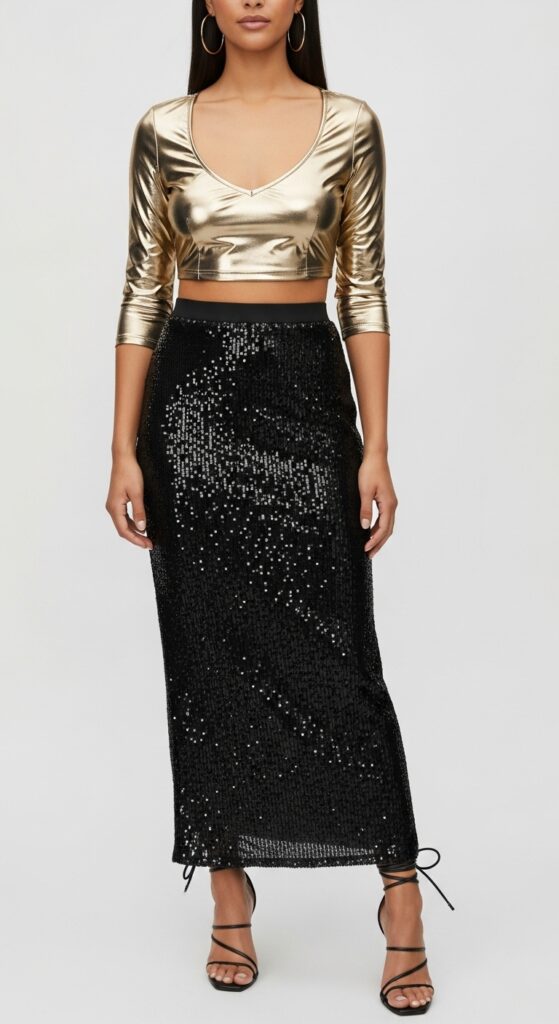 18 Stunning Sequin Skirt Outfits for U.S. Women in 2025 14 NYE Sparkle Metallic Crop Top & Black Sequin Maxi