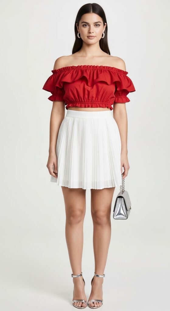 28 Pleated Skirt Outfits to Nail Effortless Chic 22 NYE Sparkle Red Ruffled Crop Top & White Pleated Mini