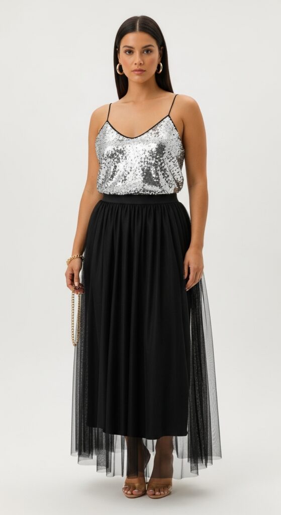 21 Stunning Tulle Skirt Outfit Ideas for U.S. Women in 2025 16 NYE Sparkle Sequin Camisole & Black Tulle Maxi