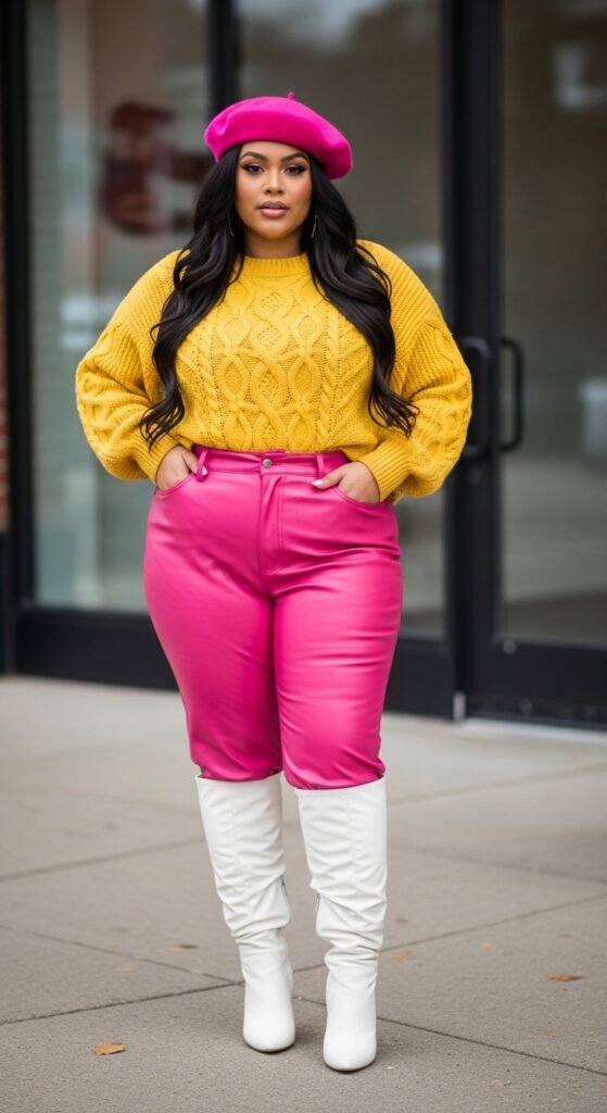 25 Pink Pants Outfits to Steal the Spotlight 22 NYE Sparkle Yellow Sweater & Hot Pink Leather Pants