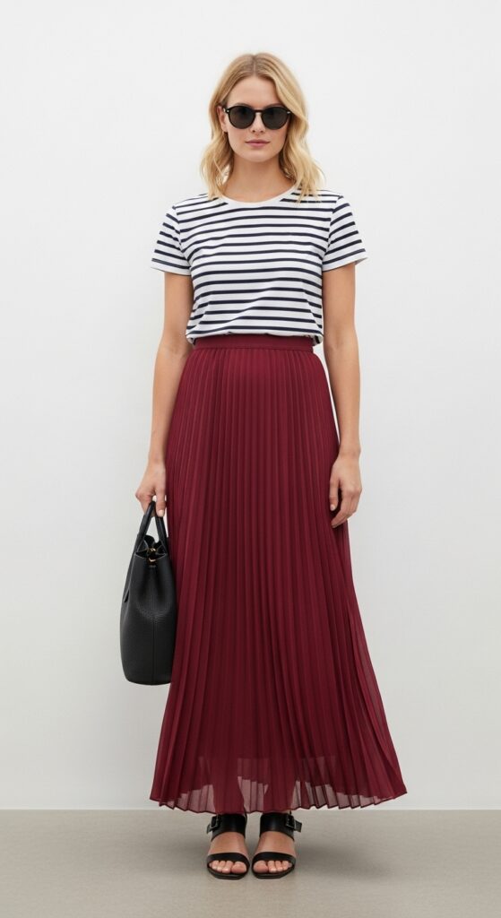 28 Pleated Skirt Outfits to Nail Effortless Chic 27 Nautical Night Striped Tee & Burgundy Pleated Maxi