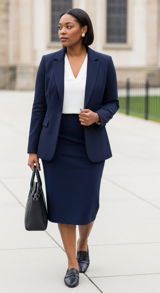 12 Plus Size Tailored Winter Church Outfits with Chic Season Style 4 Navy Blazer and Skirt for Fellowship Gatherings