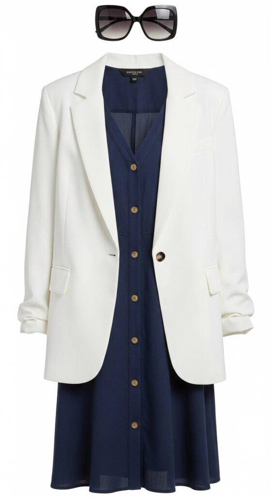 20 Chic White Blazer Outfits to Elevate Your Style 3 Navy Blue Dress and Oversized White Blazer