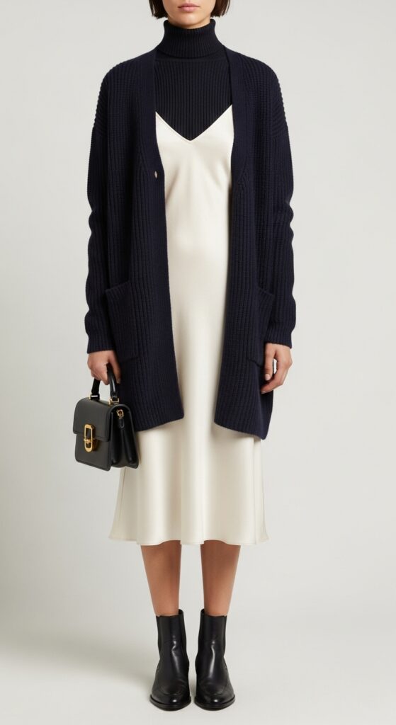 20 Cozy and Chic Sweater Outfit Ideas You’ll Want to Wear All Season Long 4 Navy Cardigan Over a Slip Dress