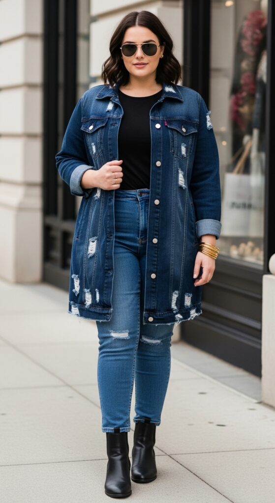 12 Plus Size Grunge Outfits for Winter with Chic Season Style 14 Navy Distressed Denim Coat and Jeans for Weekend Outings
