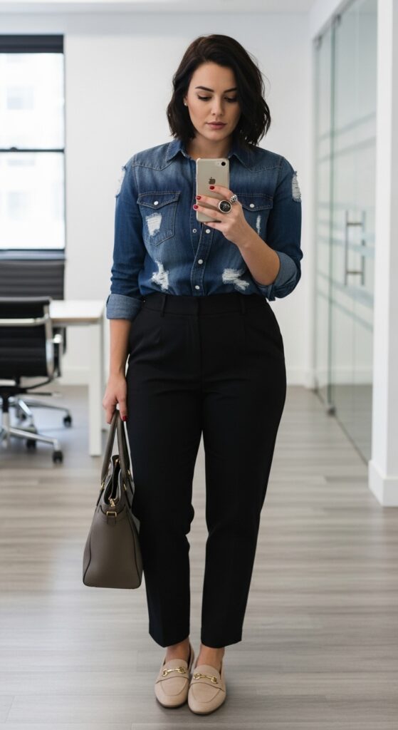 12 Plus Size Grunge Outfits for Winter with Chic Season Style 5 Navy Distressed Denim Shirt and Trousers for Work Edge