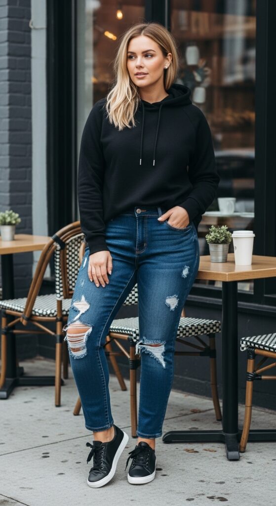 12 Plus Size Grunge Outfits for Winter with Chic Season Style 11 Navy Distressed Jeans and Hoodie for Chill Days