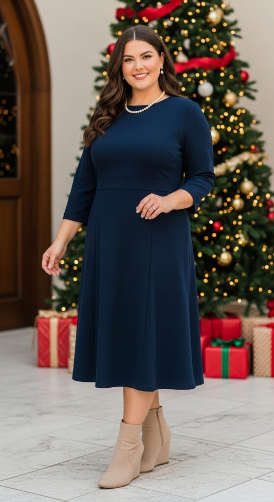 12 Plus Size Tailored Winter Church Outfits with Chic Season Style 10 Navy Midi Dress and Boots for Christmas Service
