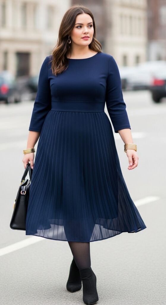 24 Plus Size Winter Business Casual Outfits: Work & Office 4 Navy Pleated Perfection