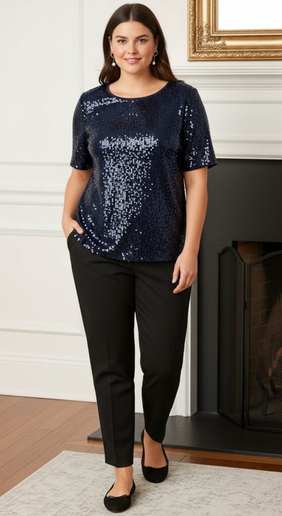12 Plus Size Sequin Party Dresses for Winter Holidays with Chic Season Style 11 Navy Sequin Top and Trousers for Casual Parties