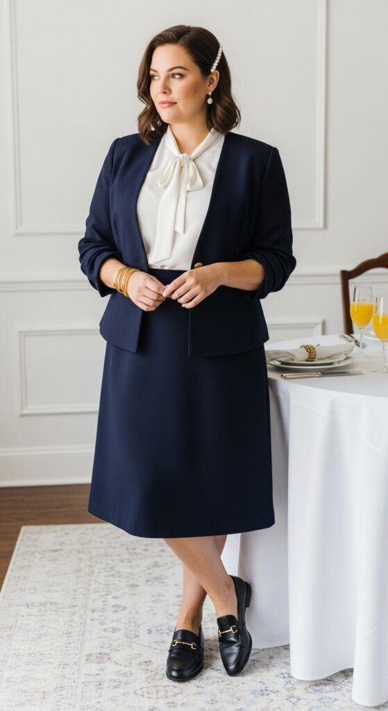 12 Plus Size Tailored Winter Church Outfits with Chic Season Style 13 Navy Skirt Suit and Loafers for Church Brunches