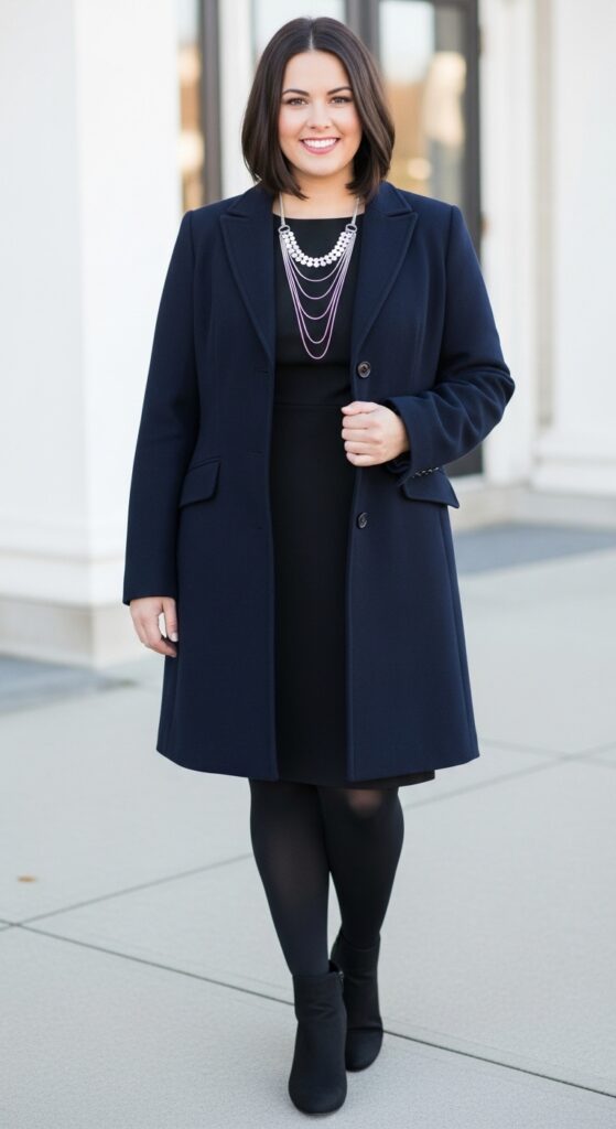 12 Plus Size Tailored Winter Church Outfits with Chic Season Style 7 Navy Tailored Coat and Dress for Winter Events