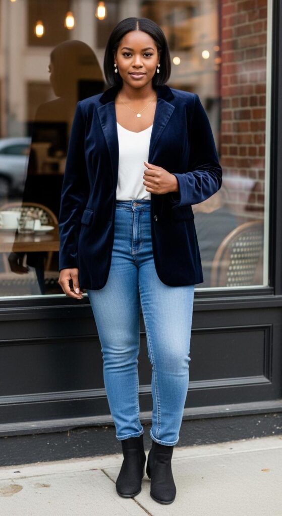 12 Plus Size Velvet Winter Outfits for Black Women with Chic Season Style 4 Navy Velvet Blazer and Jeans for Casual Days