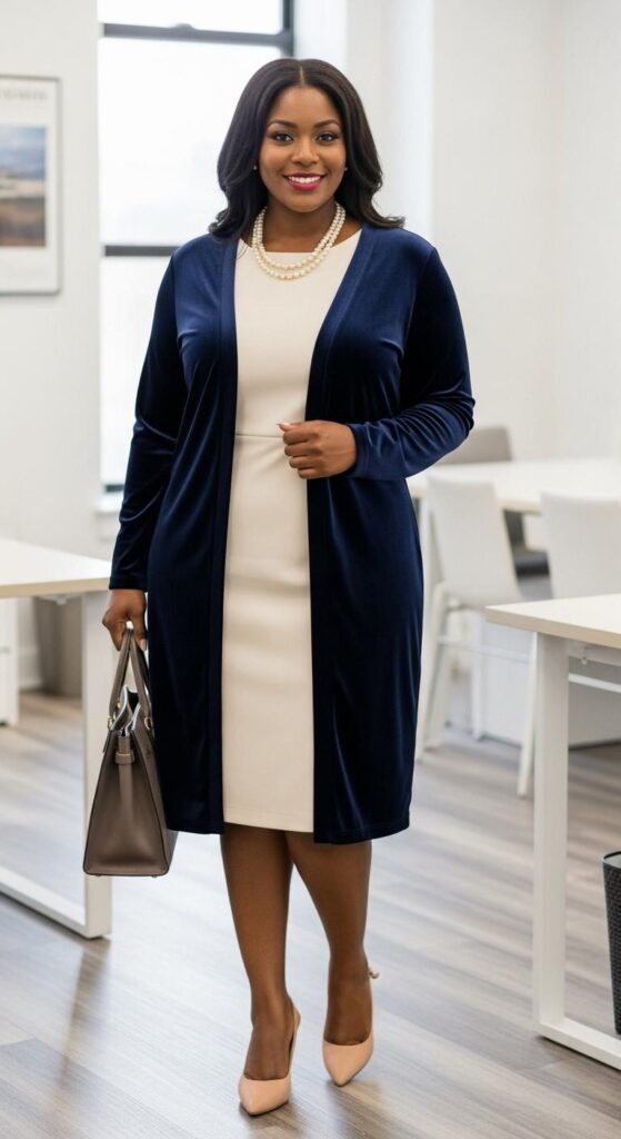 12 Plus Size Velvet Winter Outfits for Black Women with Chic Season Style 13 Navy Velvet Cardigan and Dress for Office Style