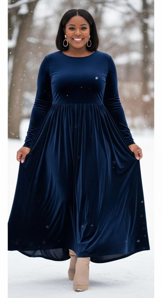 12 Plus Size Velvet Winter Outfits for Black Women with Chic Season Style 10 Navy Velvet Maxi Dress and Boots for Evening Dinners