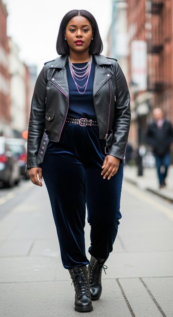 12 Plus Size Velvet Winter Outfits for Black Women with Chic Season Style 7 Navy Velvet Pants and Jacket for Night Out