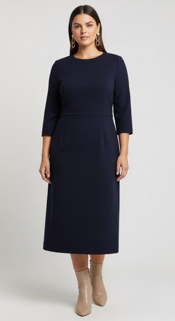 Navy Wool Midi Dress and Boots for Office Luncheons