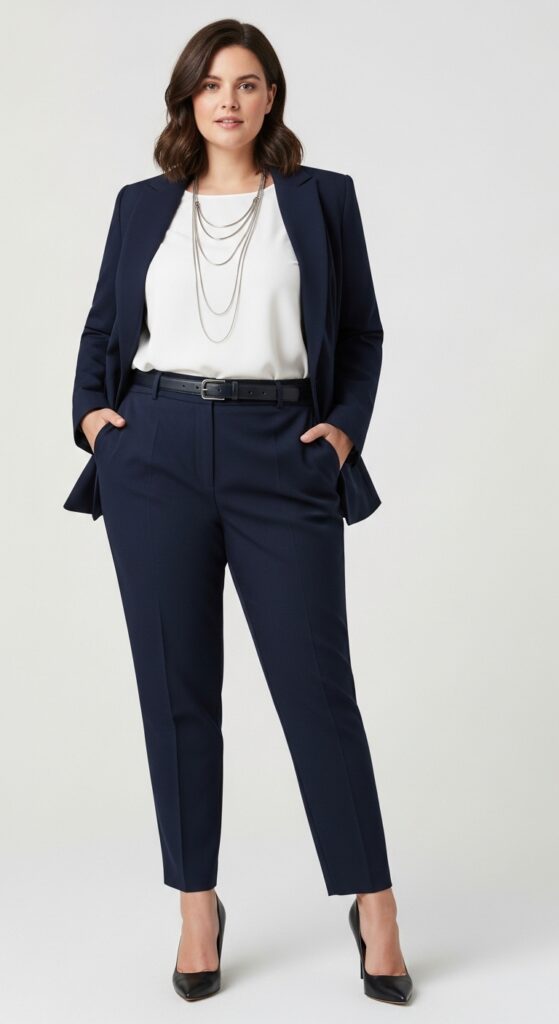 Navy Wool Pant Suit and Heels for Boardroom Days