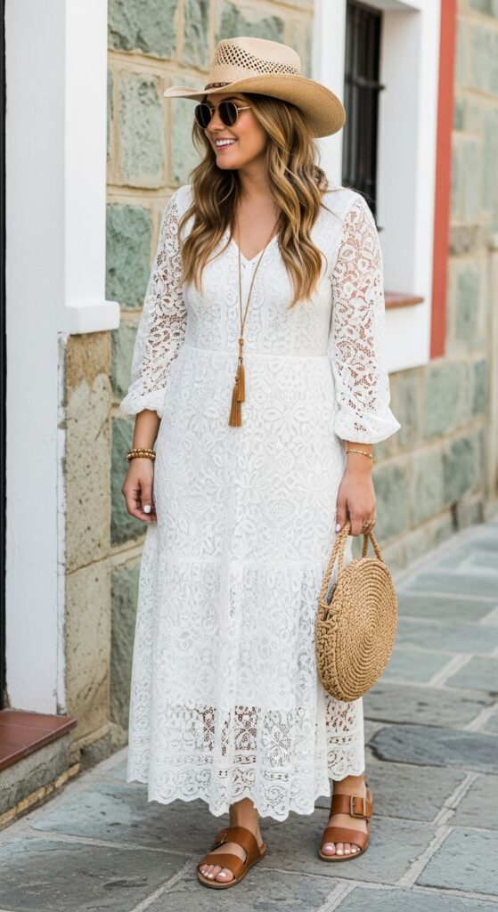 Mexico Outfit Guide: 33 Stylish Vacation Looks for U.S. Women in 2025 5 Oaxaca Charm Lace Maxi Dress & Straw Hat