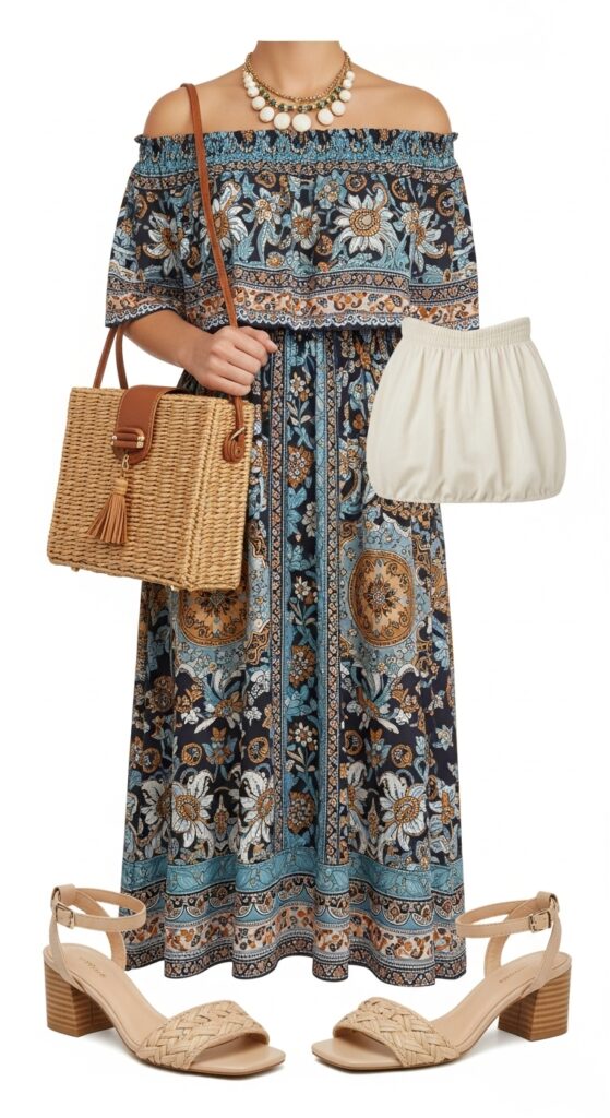 Off-Shoulder Dress and Woven Bag