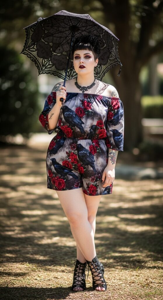 10 Bold Plus-Size Summer Goth Outfits for Curvy Women’s Gothic Soul 11 Off-Shoulder Romper