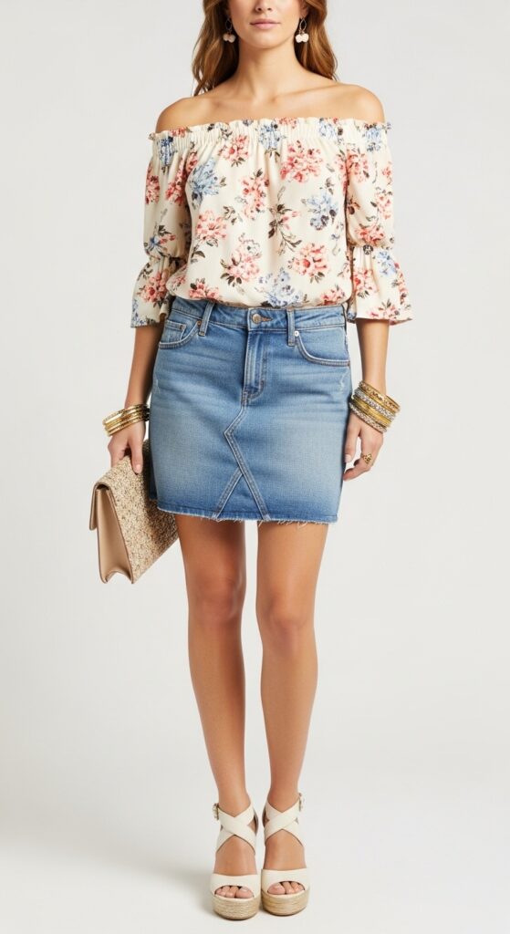 Off-Shoulder Top and Denim Skirt