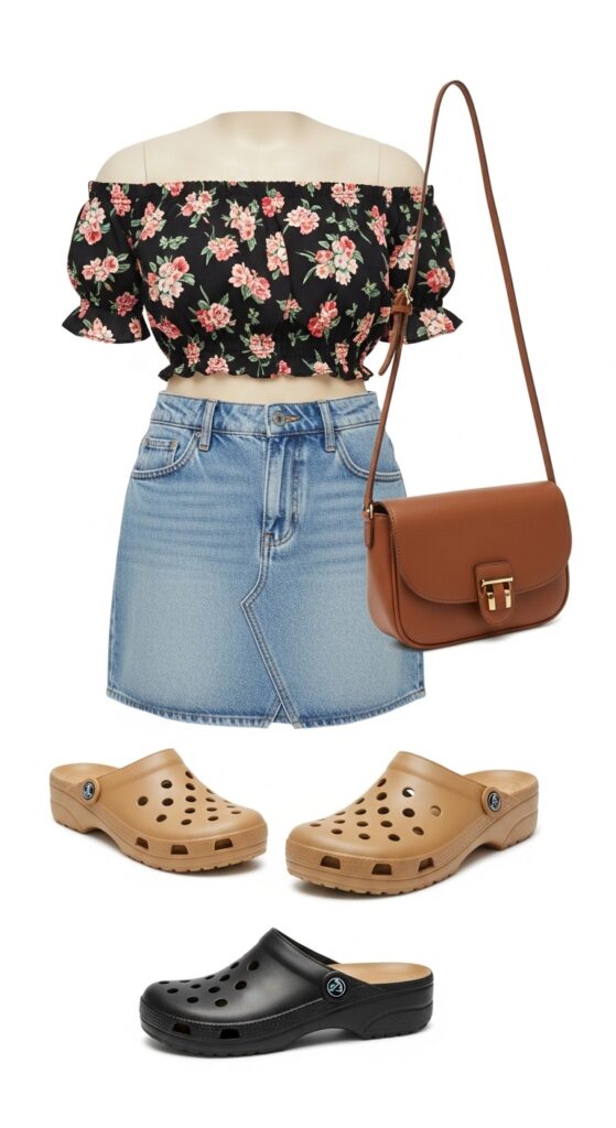 Off-Shoulder Top and Denim Skirt