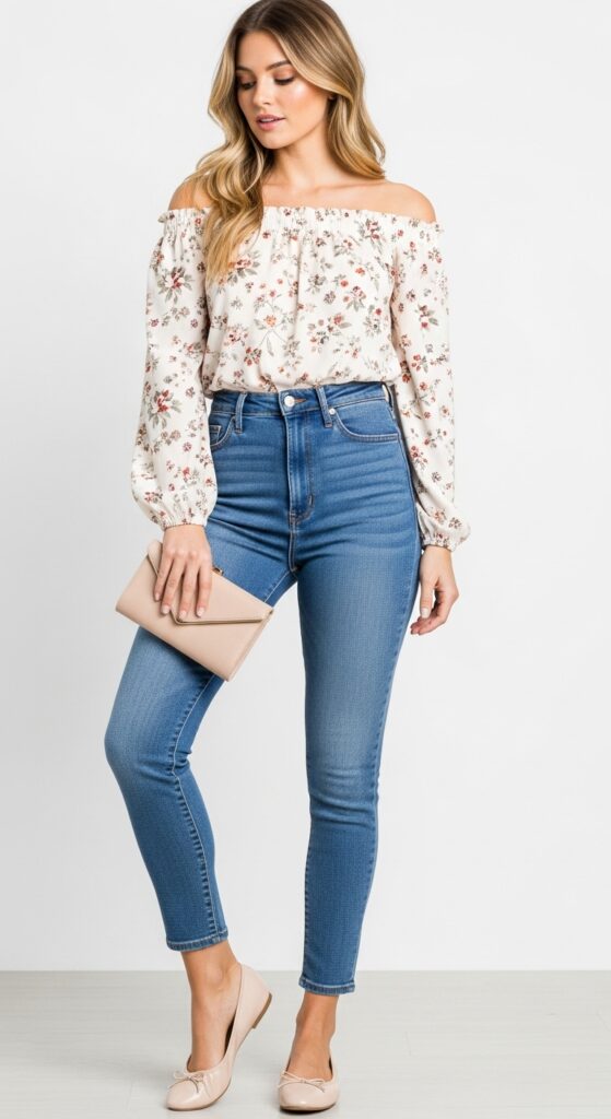 21 Feminine Ballet Flat Outfits for Classic and Modern Looks 16 Off-Shoulder Top and High-Waisted Jeans