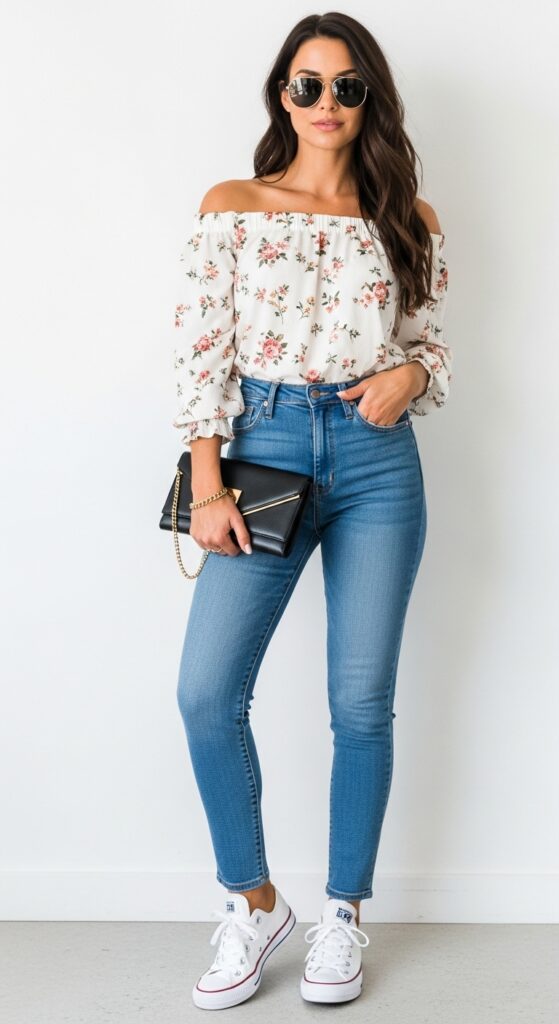 24 Trendy Converse Sneaker Outfits for Every Vibe 17 Off-Shoulder Top and High-Waisted Jeans