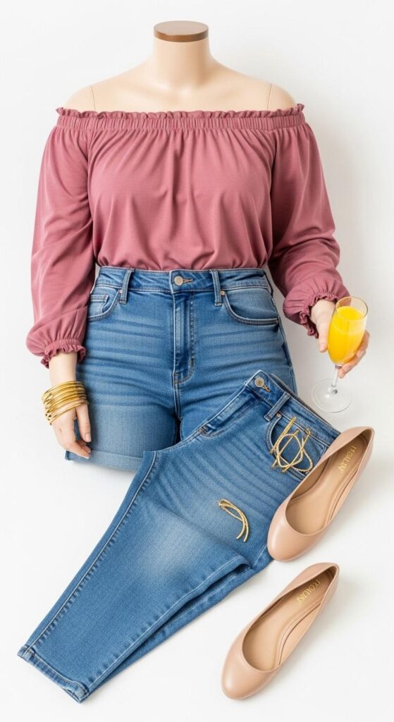 Off Shoulder Top and Jeans for Galentine’s Brunch