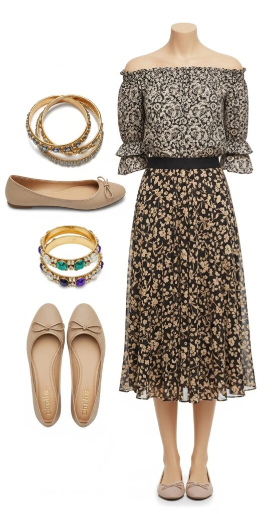 20 Stylish Flat Shoe Outfits to Inspire Your Wardrobe 21 Off-Shoulder Top and Midi Skirt